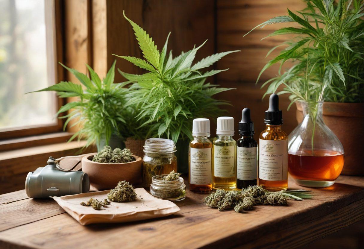 A serene, sunlit scene featuring a variety of cannabis wellness products like oils, creams, and teas arranged beautifully on a wooden table. In the background, a cozy smoking tool setup, including a sleek bong and rolling papers, surrounded by lush green plants. Soft natural light filtering through leaves creates a calming ambiance, inviting viewers to explore the healing potential of cannabis. botanical illustrations in one corner subtly highlight the plant's benefits. watercolor style. vibrant colors. nature-inspired.