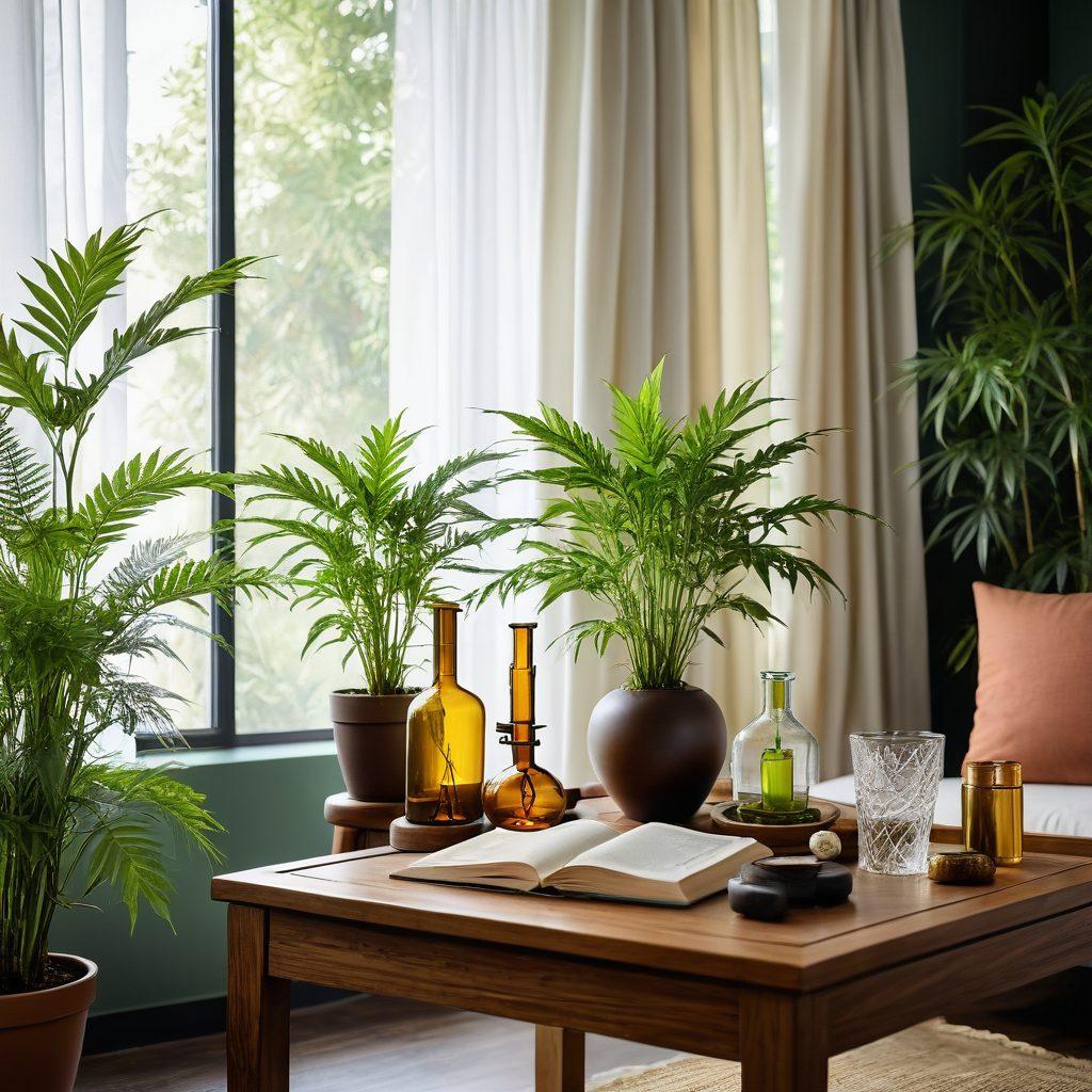 A serene indoor setting showcasing a variety of elegant bong accessories, including stylish bongs, bamboo rolling trays, and essential wellness products like CBD oils and herbal blends. Soft, natural lighting filters through sheer curtains, creating a calming atmosphere. Lush green plants in the background symbolize healing. An open book on the table invites readers to explore, with a hint of cannabis leaves artistically incorporated into the design. super-realistic. vibrant colors. warm tones.